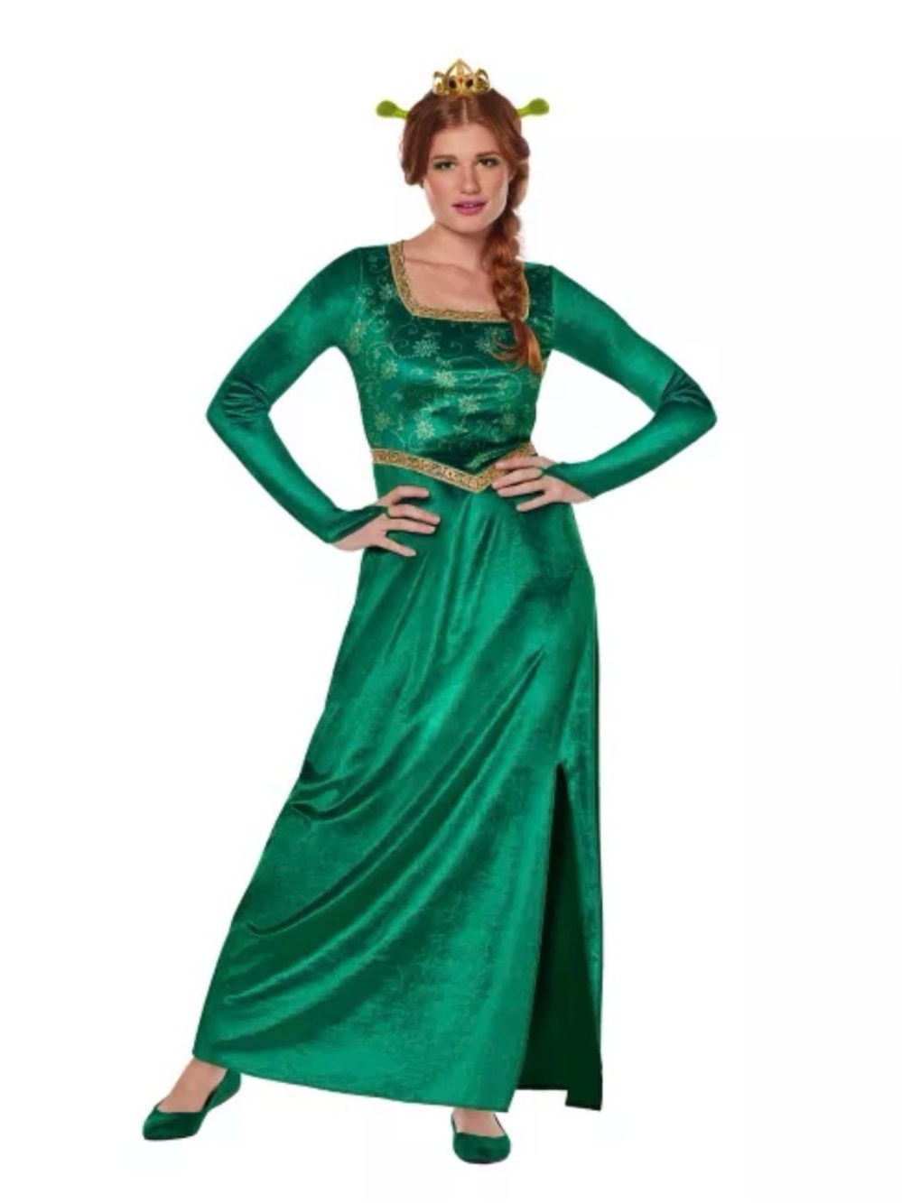 Emerald Green Long Sleeve Maxi Dress with Gold Trim- Fiona costume dress only